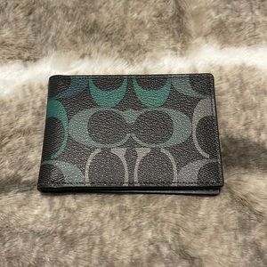 COACH Men’s Passcase Wallet insert In Rainbow Signature Canvas-Graphite Green